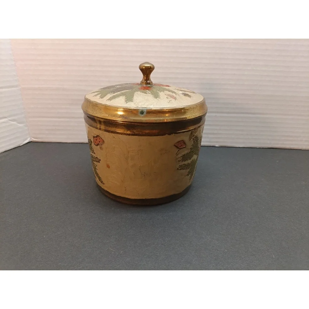 Vintage Lidded Canister Jar Christmas Cloisonné Enamel Solid Brass Hand Pained